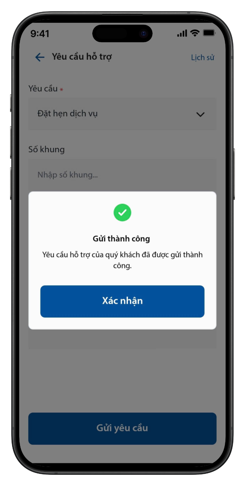Gửi yêu cầu hỗ trợ thành công