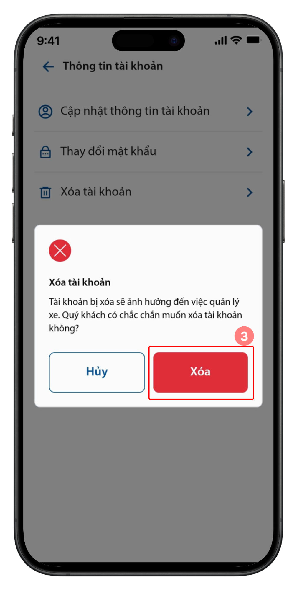 Popup xác nhận xóa tài khoản
