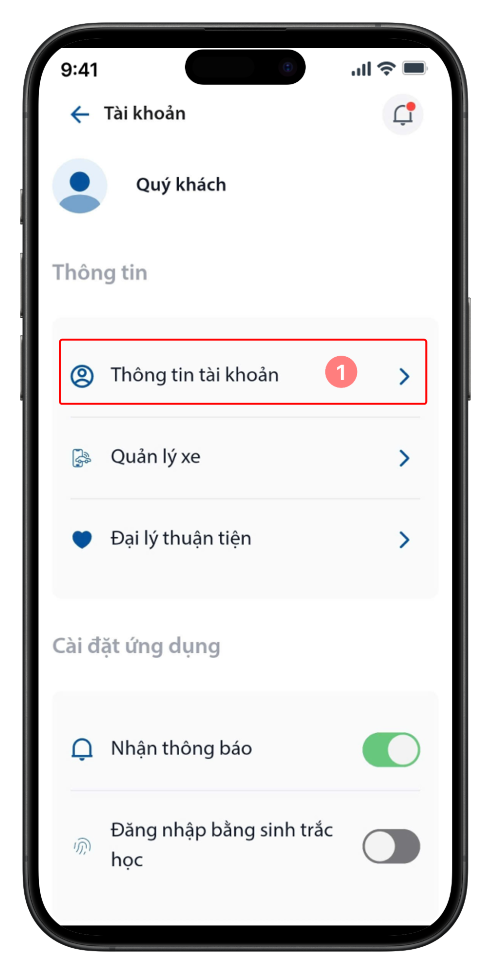 Tài khoản - Chọn Thông tin tài khoản