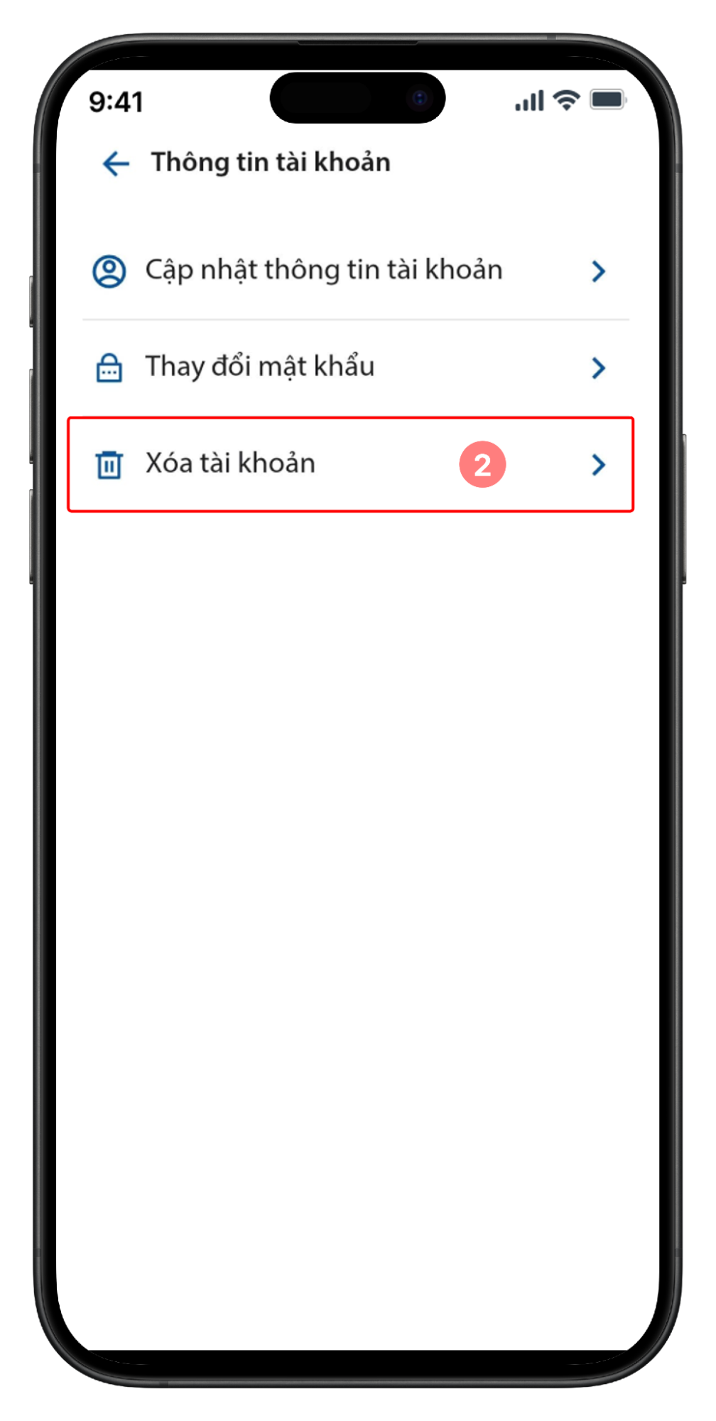 Thông tin tài khoản - Chọn Xóa tài khoản