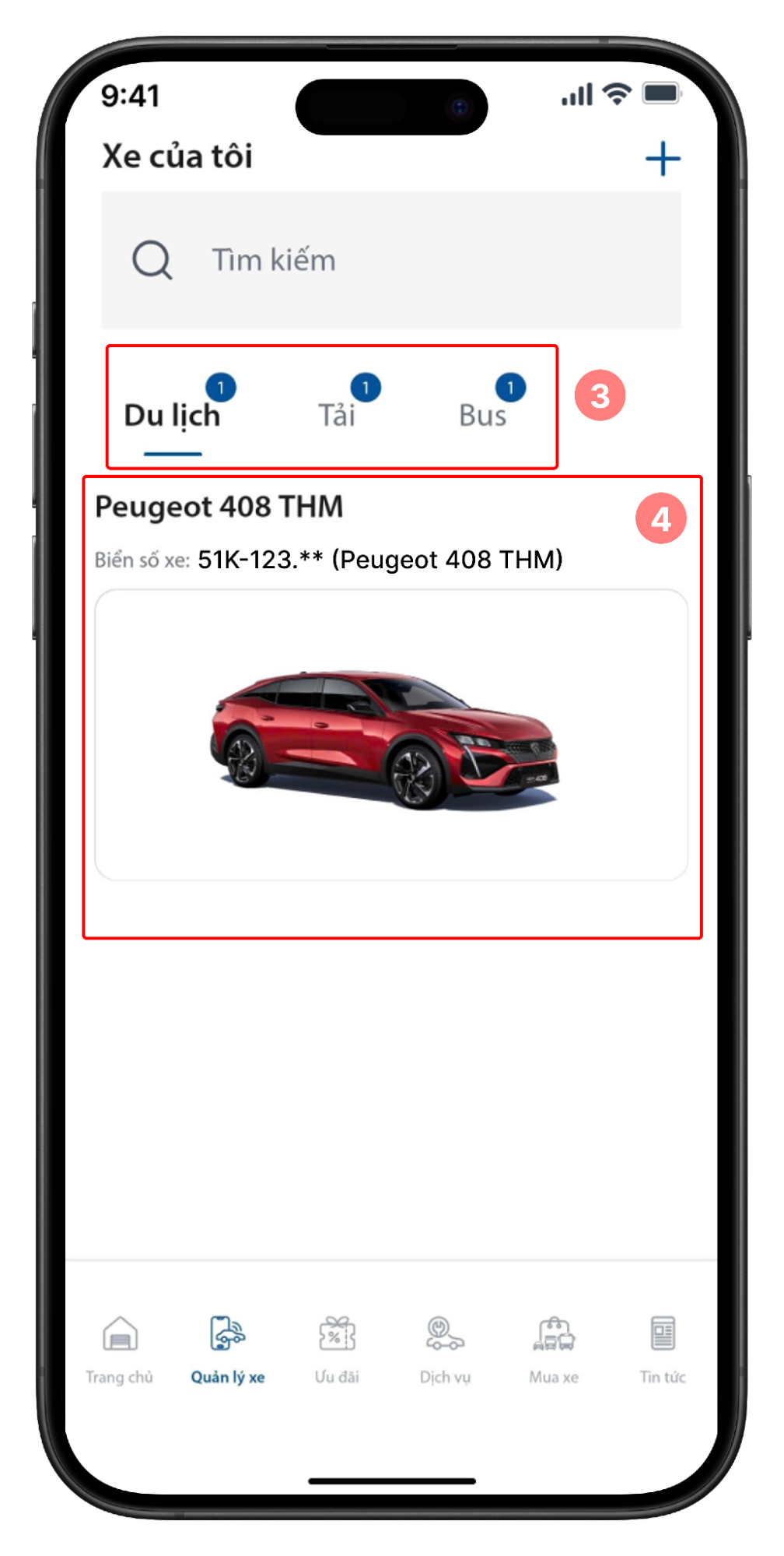 Màn hình Quản lý xe khi đã có xe