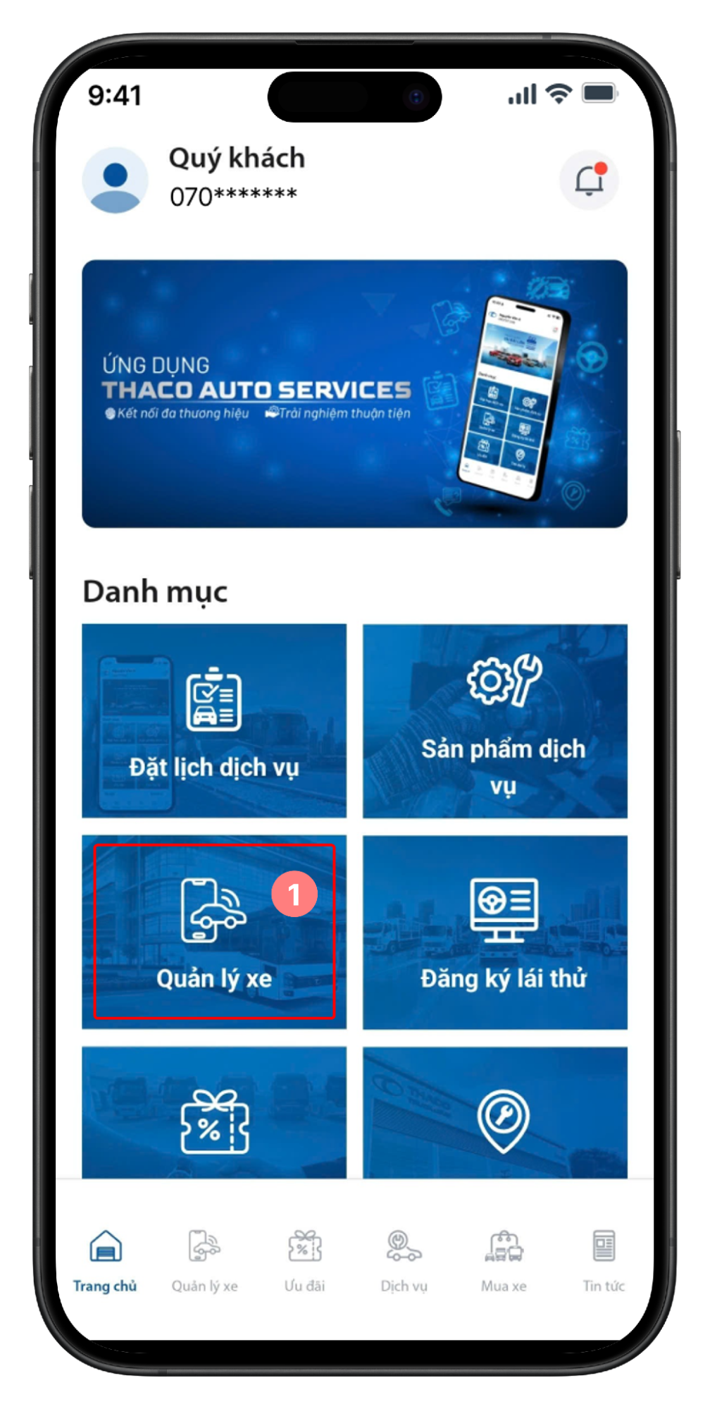 Truy cập từ Trang chủ > Quản lý xe