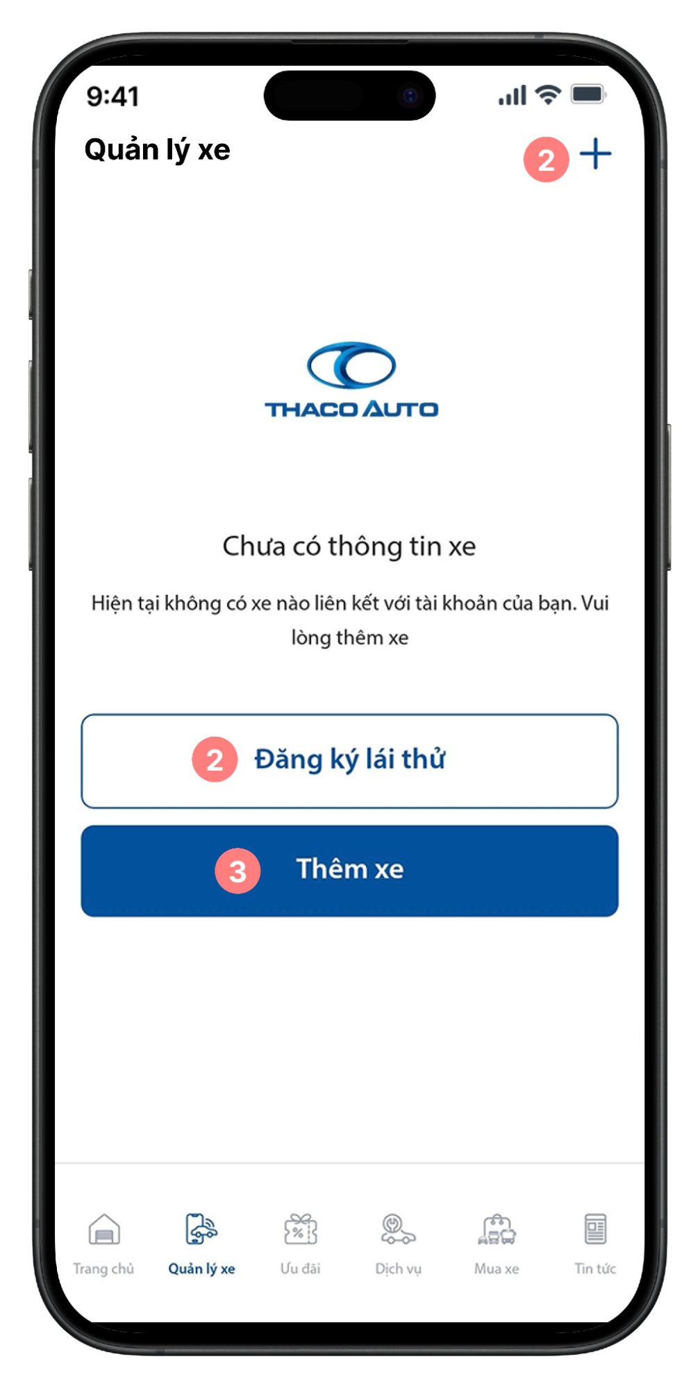 Màn hình Quản lý xe khi chưa có xe