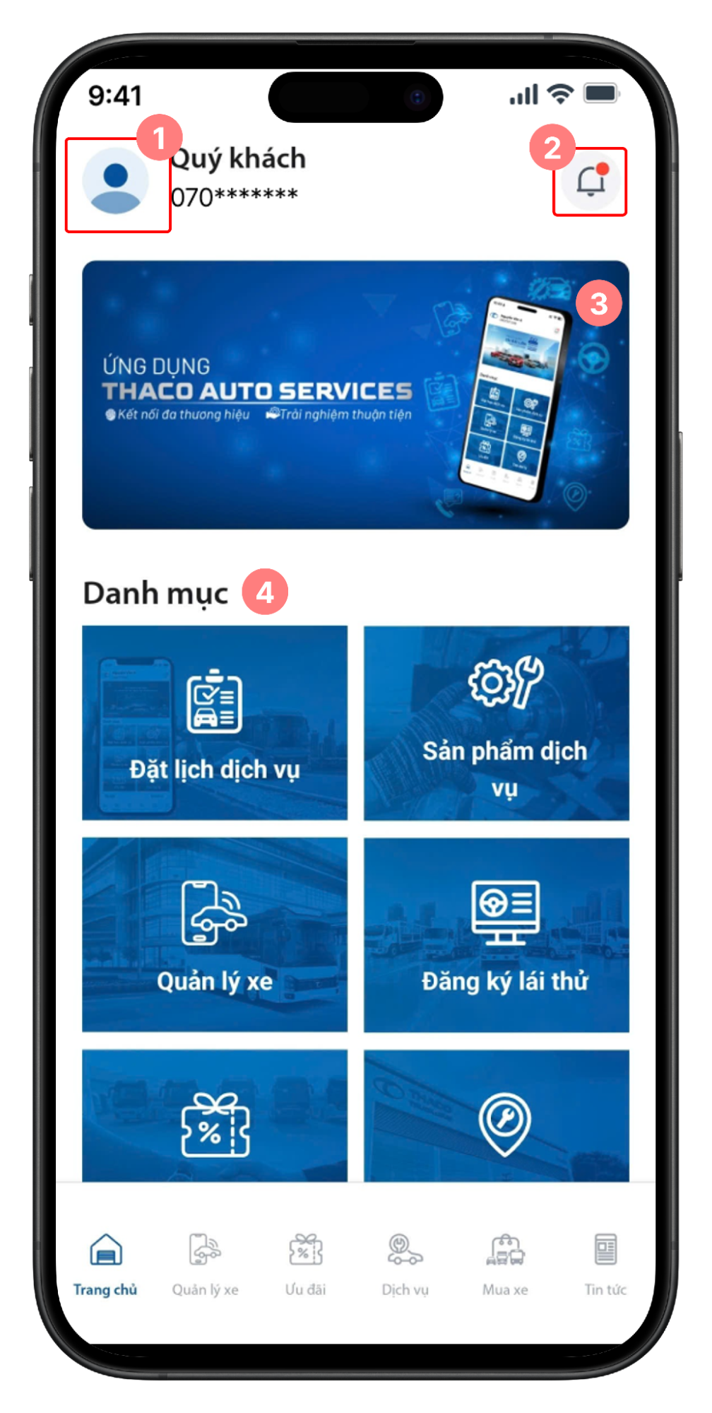 Màn hình trang chủ - Phần trên