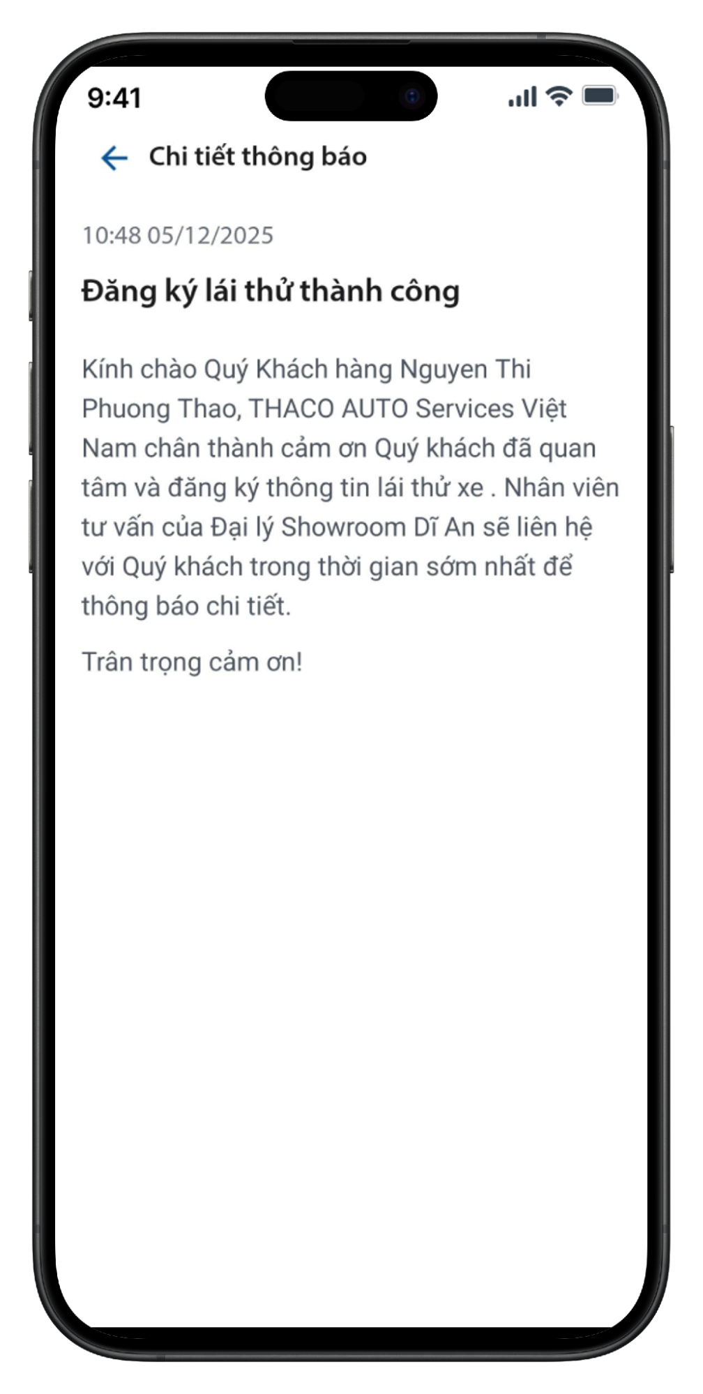 Thông báo xác nhận đăng ký lái thử từ đại lý