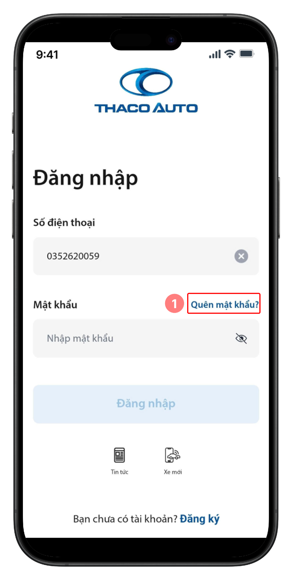 Màn hình quên mật khẩu - Bước 1