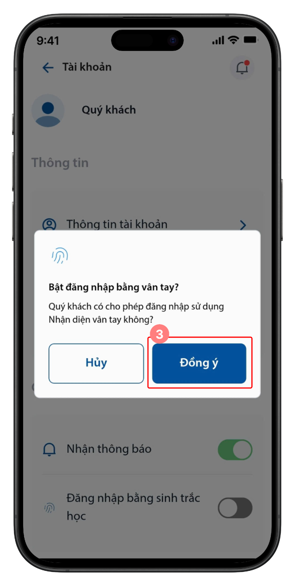 Popup xác nhận đăng nhập bằng vân tay