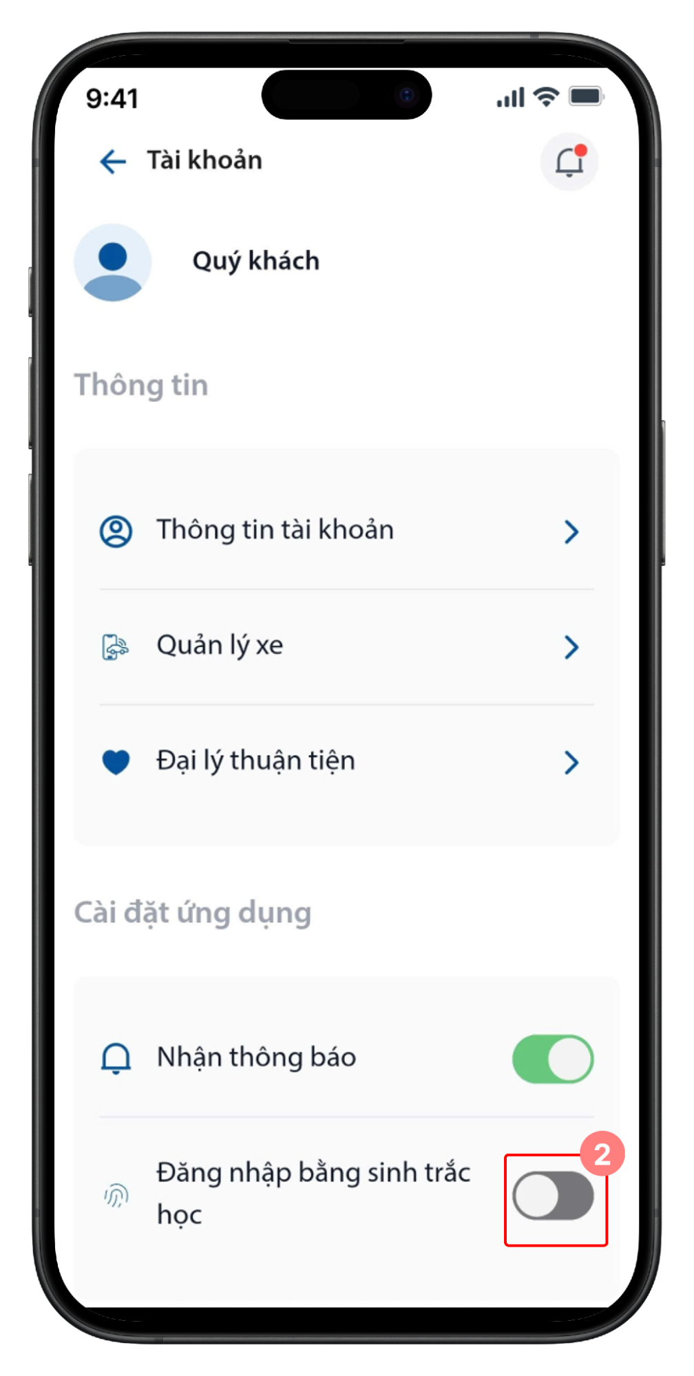 Tài khoản - Bật đăng nhập bằng vân tay