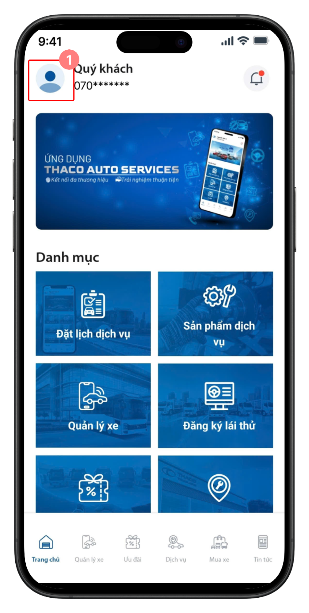 Trang chủ - Chọn menu Tài khoản