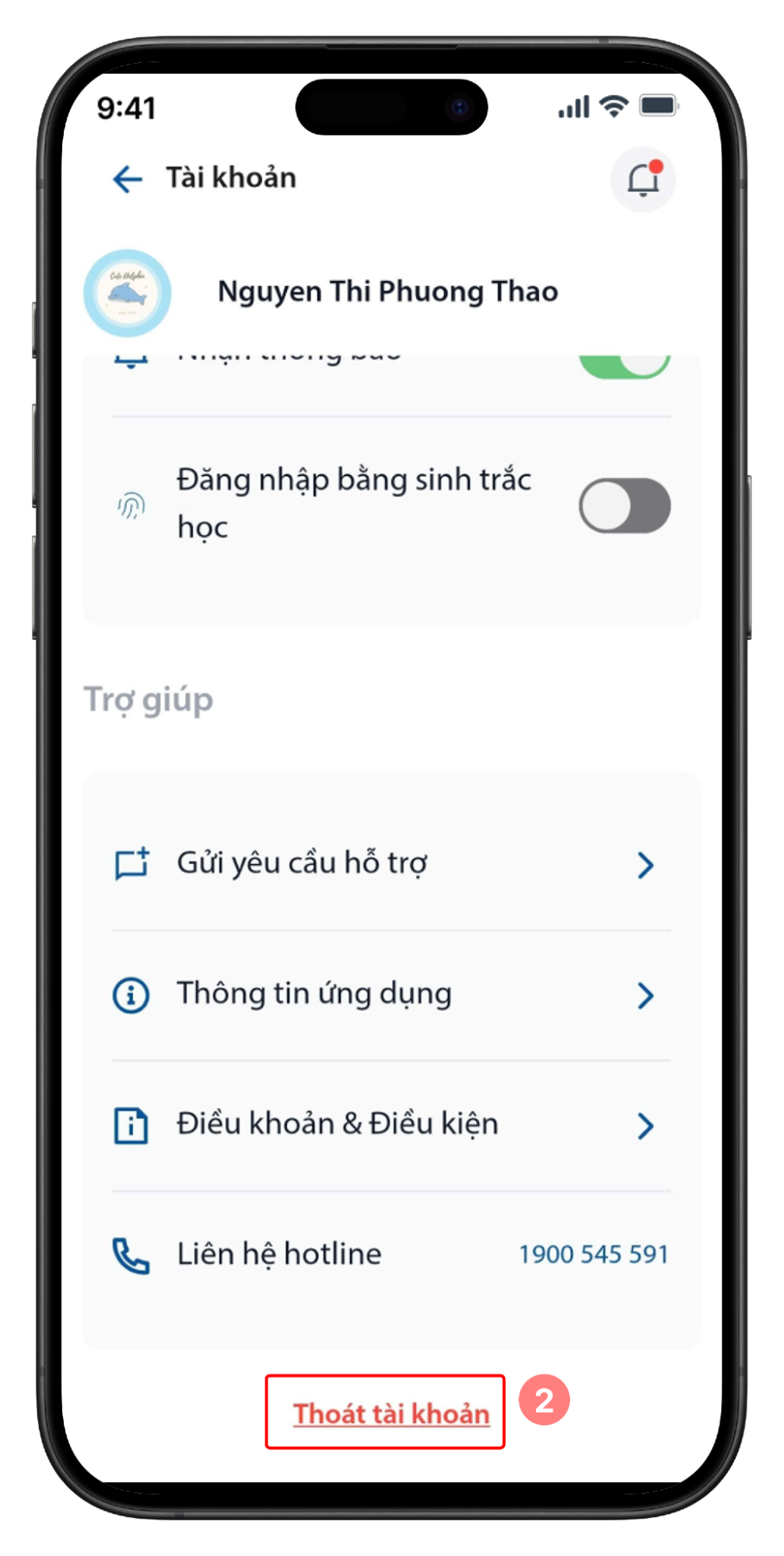 Tài khoản - Chọn Thoát tài khoản