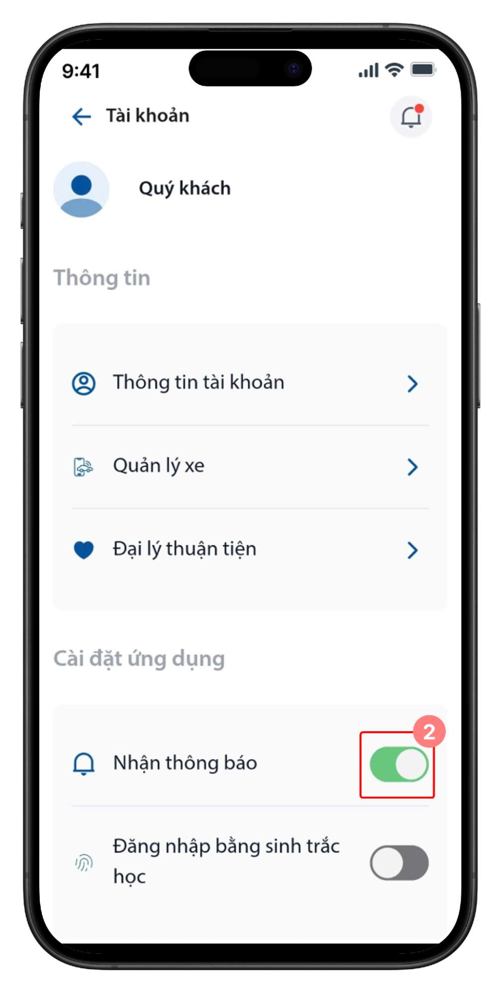 Tài khoản - Bật tắt thông báo
