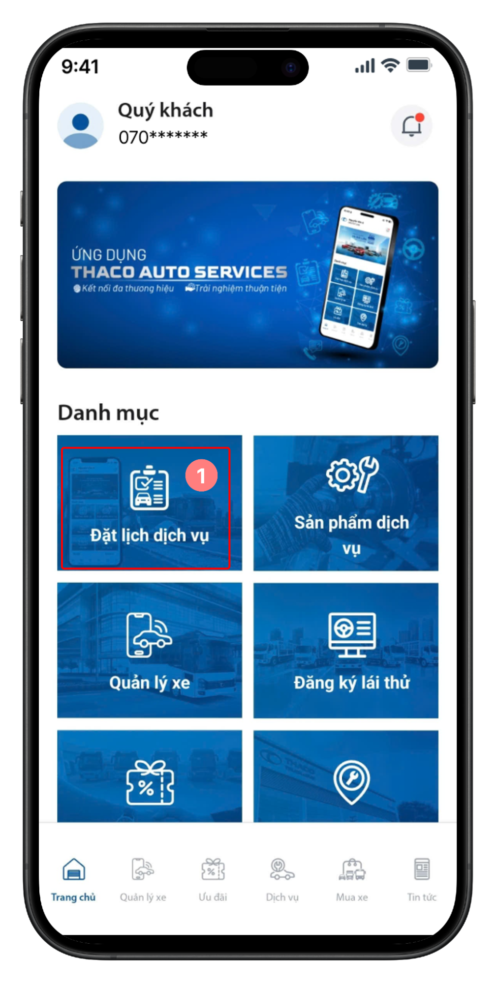 Truy cập phần Đặt lịch dịch vụ tại Trang chủ