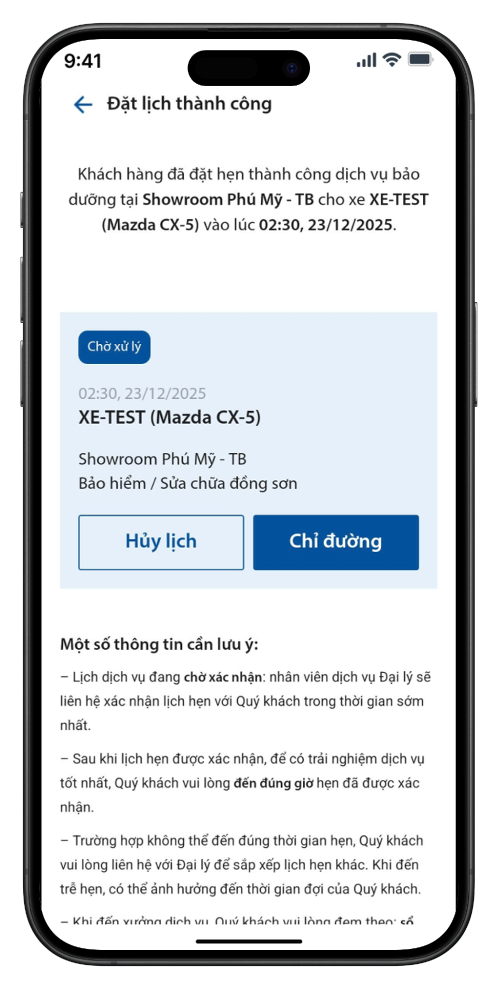 Thông báo yêu cầu đặt lịch dịch vụ đã gửi thành công